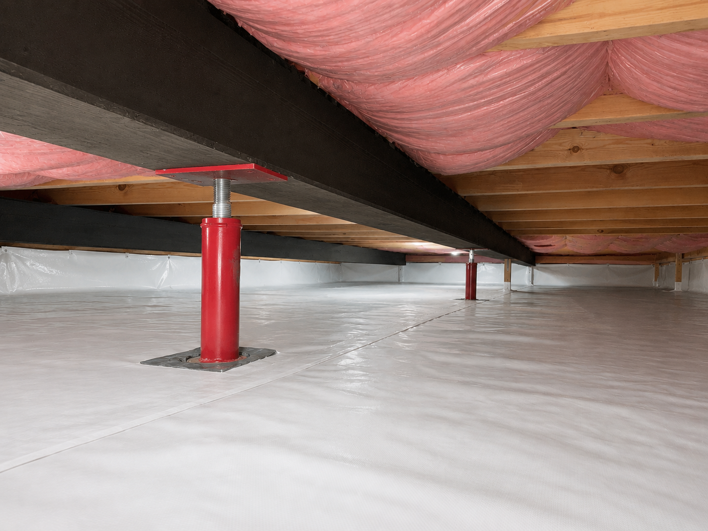 Crawl space vapor barrier installation with white liner covering the floor and foundation walls