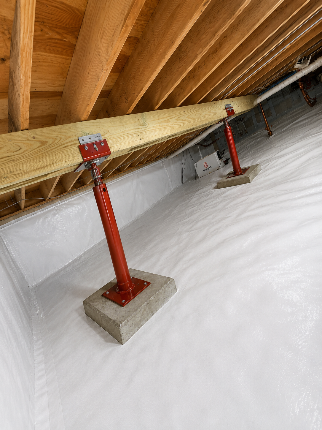 Completed crawl space encapsulation with white vapor barrier covering the floor and foundation walls