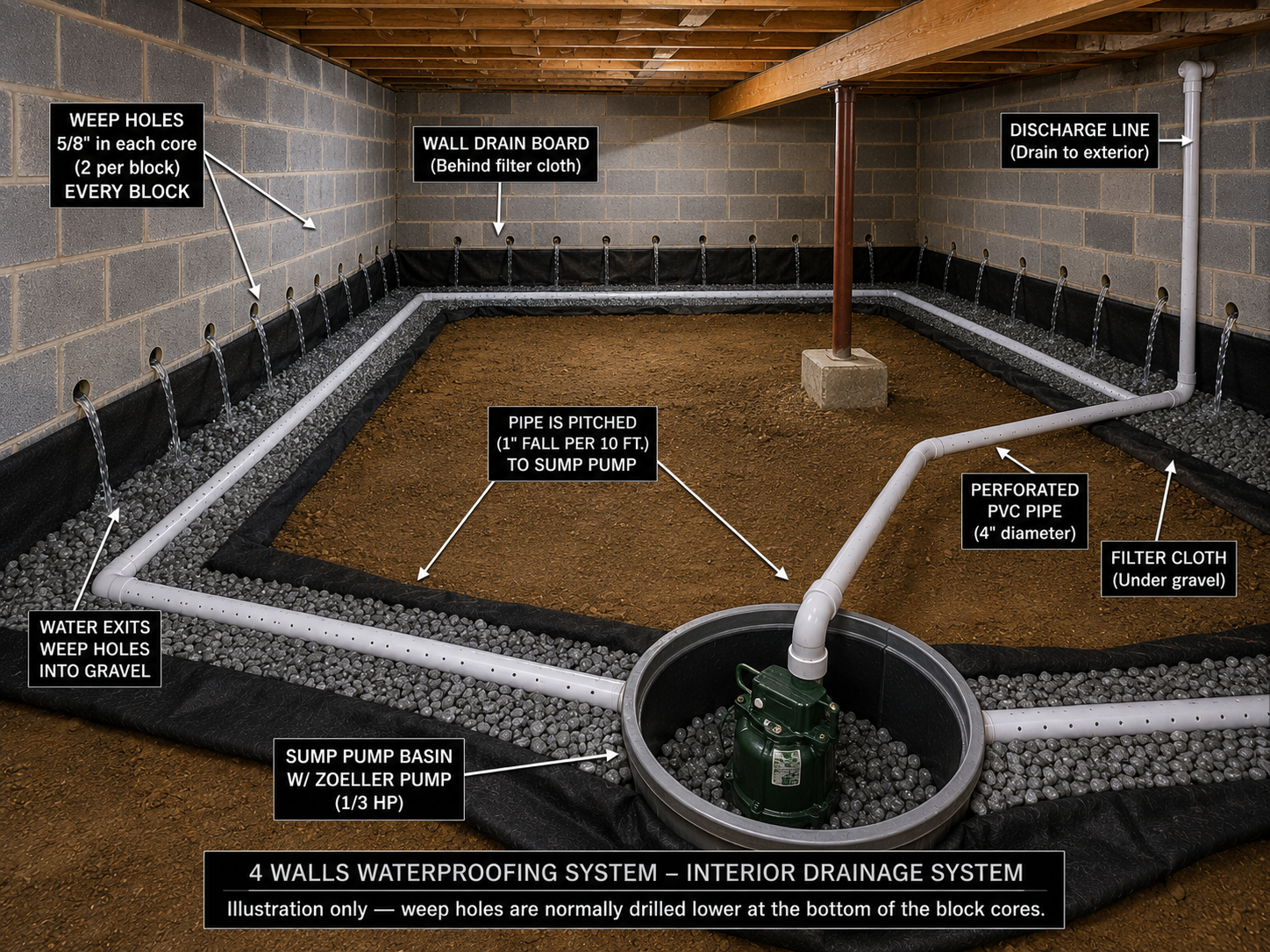 Crawl space structural repair with support beam, adjustable steel columns, concrete footings and white vapor barrier